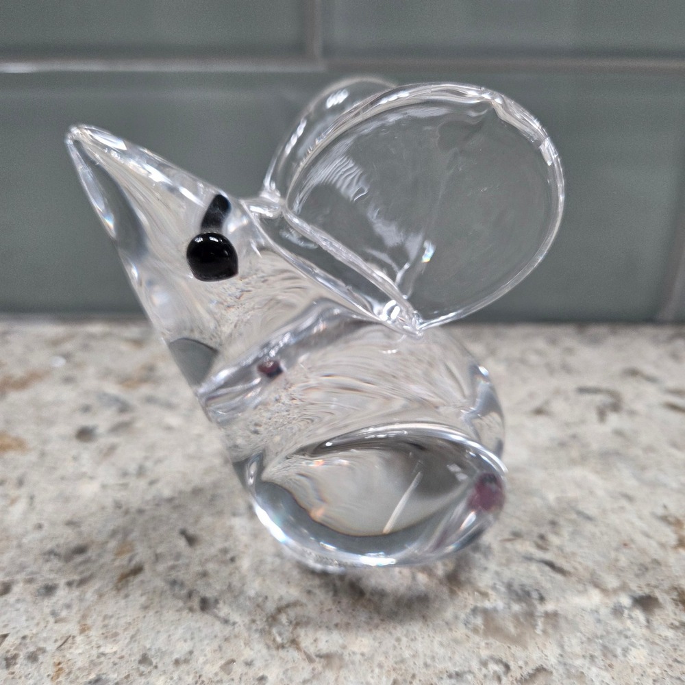 Vintage Robinson's Lead Crystal‎ Handmade Mouse Figurine Sweden Black Eyes